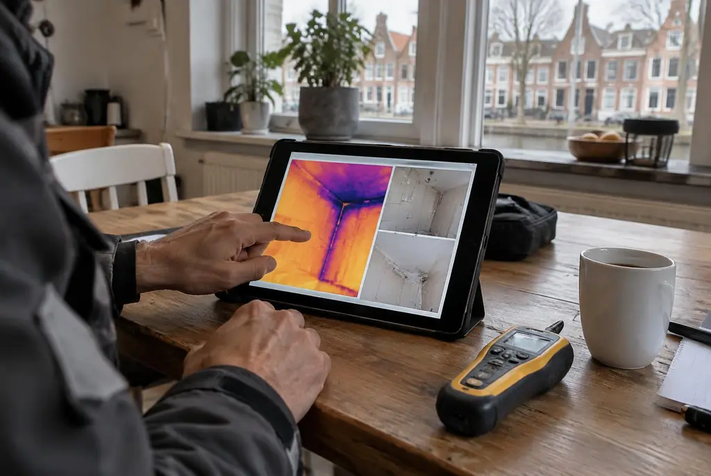 Lekdetectie Veghel – lekdetectierapport met warmtebeelden en foto's op een tablet