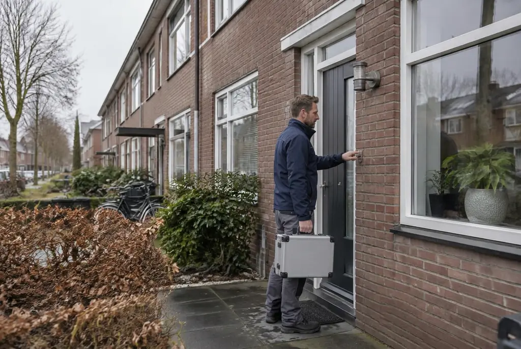Lekdetectiespecialist met meetkoffer bij de voordeur van een woning in Veghel